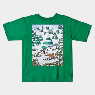 cute fox and rabbits christmas snow scene Kids T-Shirt